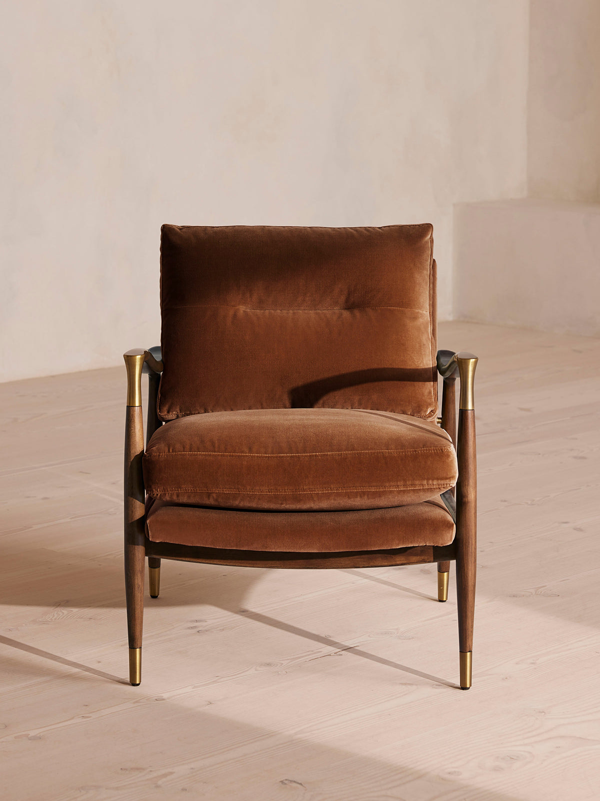 Soho Home Theodore Armchair, front view. Original design reference; Gulmohar custom version uses teak.