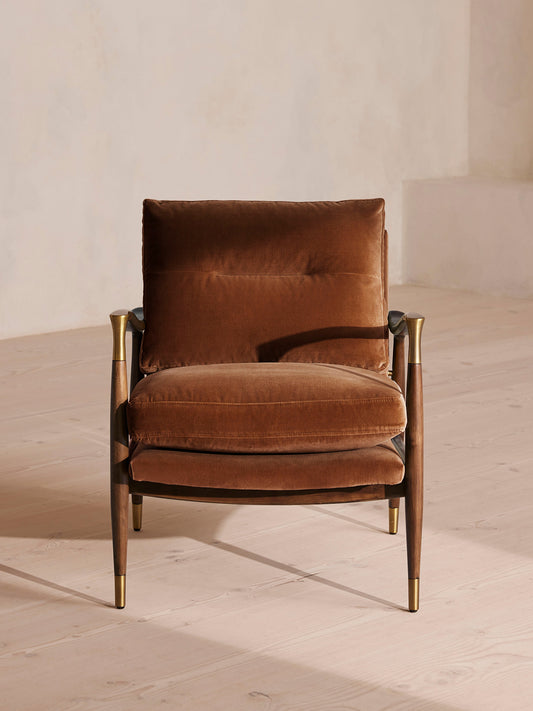 Soho Home Theodore Armchair, front view. Original design reference; Gulmohar custom version uses teak.