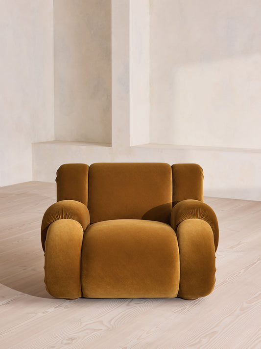 Soho Home Umbria Armchair, front view. Original design reference; Gulmohar custom version uses teak.