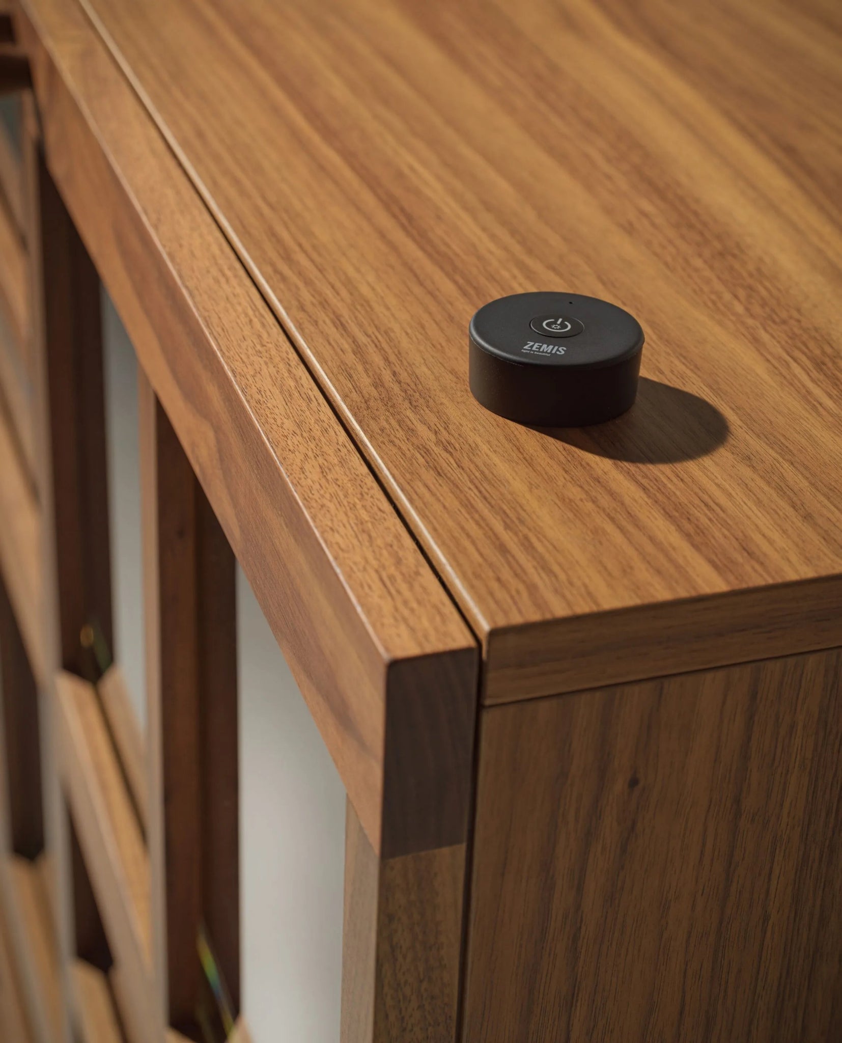 Torii Teak Wood Display Cabinet with LED lighting and wireless switch.