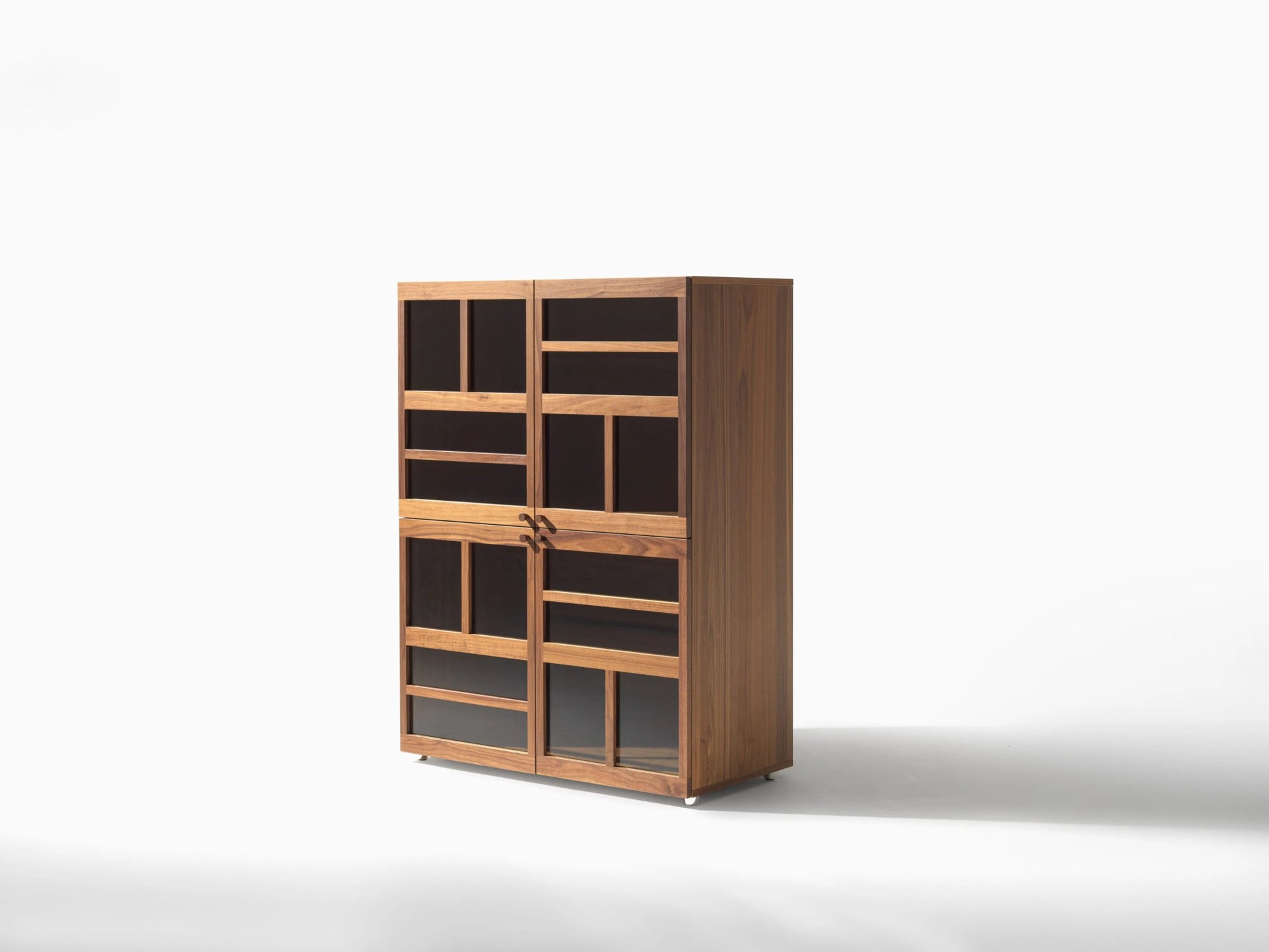 Torii teak wood display cabinet with bronzed glass doors and LED lighting.