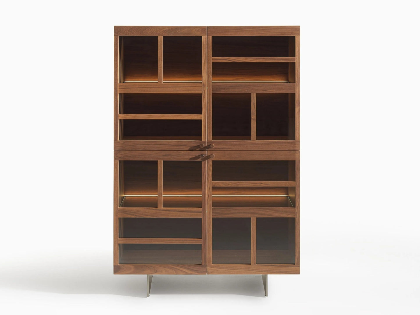 Torii teak wood display cabinet with LED lighting and bronzed glass doors.