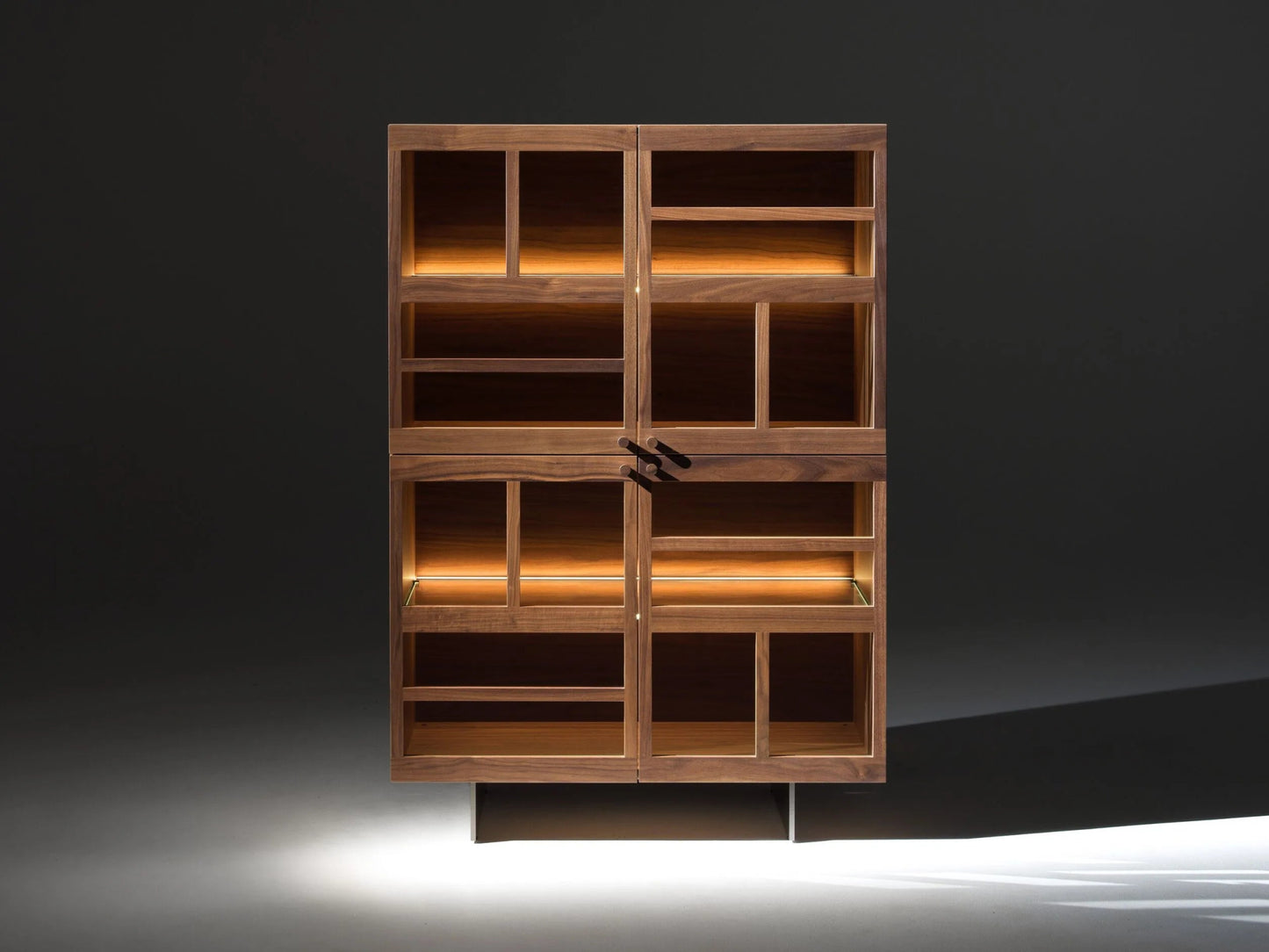 Torii teak wood display cabinet with LED lighting and bronzed glass doors.