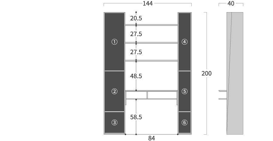 ac-cent board Tower shelf desk: Original dimension drawing; original design reference, not Gulmohar teak finish