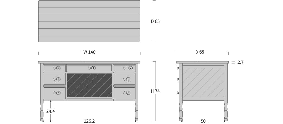 Castellia desk: Original dimension drawing; original design reference, not Gulmohar teak finish