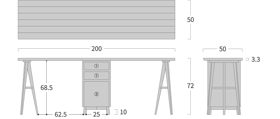 Solid Desk: Original dimension drawing; original design reference, not Gulmohar teak finish