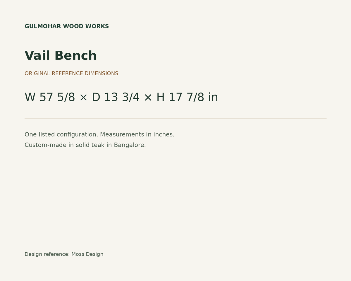 Vail Bench dimensions: W 57 5/8 × D 13 3/4 × H 17 7/8 in