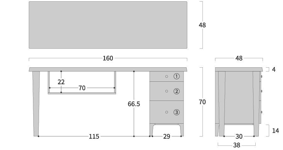 Wald desk: Original dimension drawing; original design reference, not Gulmohar teak finish