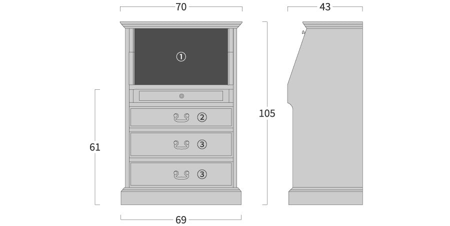 CHELSEA Writing bureau: Original dimension drawing; original design reference, not Gulmohar teak finish